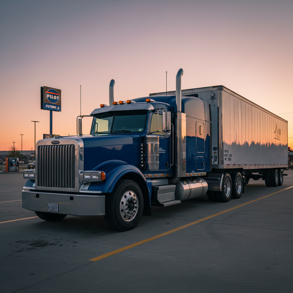A carefully staged shot of an owner-operator’s dry van semi-truck parked in a dedicated truck stop space at sunset, highlighting pride of ownership and professionalism without any people visible. The truck’s cab is spotless, with polished chrome accents on mirrors, grille, and fuel tanks reflecting the warm orange and pink hues of the evening sky. The white trailer stands straight and true, with clearly visible DOT markings and clean, minimal branding. The truck stop pavement is smooth and freshly striped, with fuel islands and signage blurred in the background. Captured from a three-quarter front angle at eye level, the composition uses a shallow depth of field to keep the rig in sharp focus, evoking independence, opportunity, and respect for professional drivers in a realistic, aspirational photographic style.
