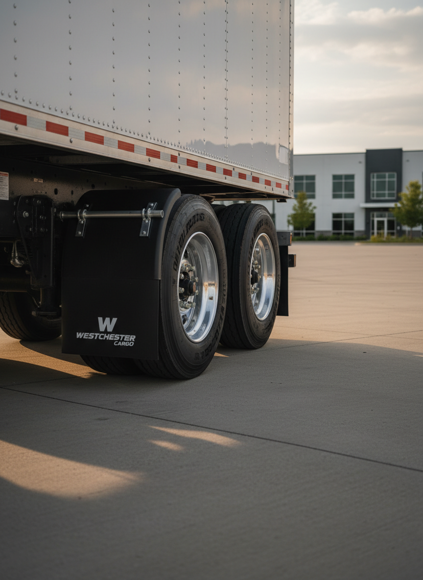 A detailed close-up of a dry van trailer’s tandem axle and undercarriage, showcasing well-maintained tires, clean mud flaps, and reflective safety tape running along the trailer’s lower edge. The truck is parked on a tidy concrete lot in Westchester, Ohio, with faint industrial buildings and a hint of distant tree line softly blurred in the background. Late afternoon sunlight creates crisp, angled shadows that emphasize tread depth, steel components, and the smooth trailer side. Photographed from a very low angle near ground level, the composition highlights the robustness and safety focus of the equipment. The mood is technical and professional, rendered in high-clarity photographic realism with muted, natural colors that underscore attention to detail and compliance.