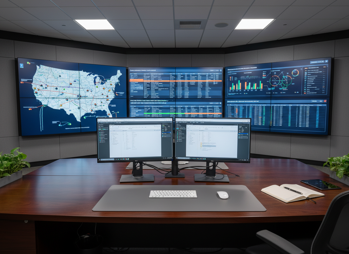 An organized dispatch and logistics control room with multiple large, wall-mounted digital screens displaying detailed U.S. maps, live truck locations, and scheduling dashboards, all rendered with sharp, legible graphics. A sleek, dark wood desk in the foreground holds neatly arranged dual monitors, a wireless keyboard, and a notebook, suggesting active load planning without showing any people. Soft, even overhead office lighting combines with the cool glow of the screens, casting subtle reflections on the desk surface. Photographed from a slightly elevated angle for a comprehensive view, the composition uses asymmetrical balance to highlight both the technology and the organized workspace. The atmosphere is calm, focused, and professional, in a clean, modern photographic style that conveys clear communication and strong dispatch support.