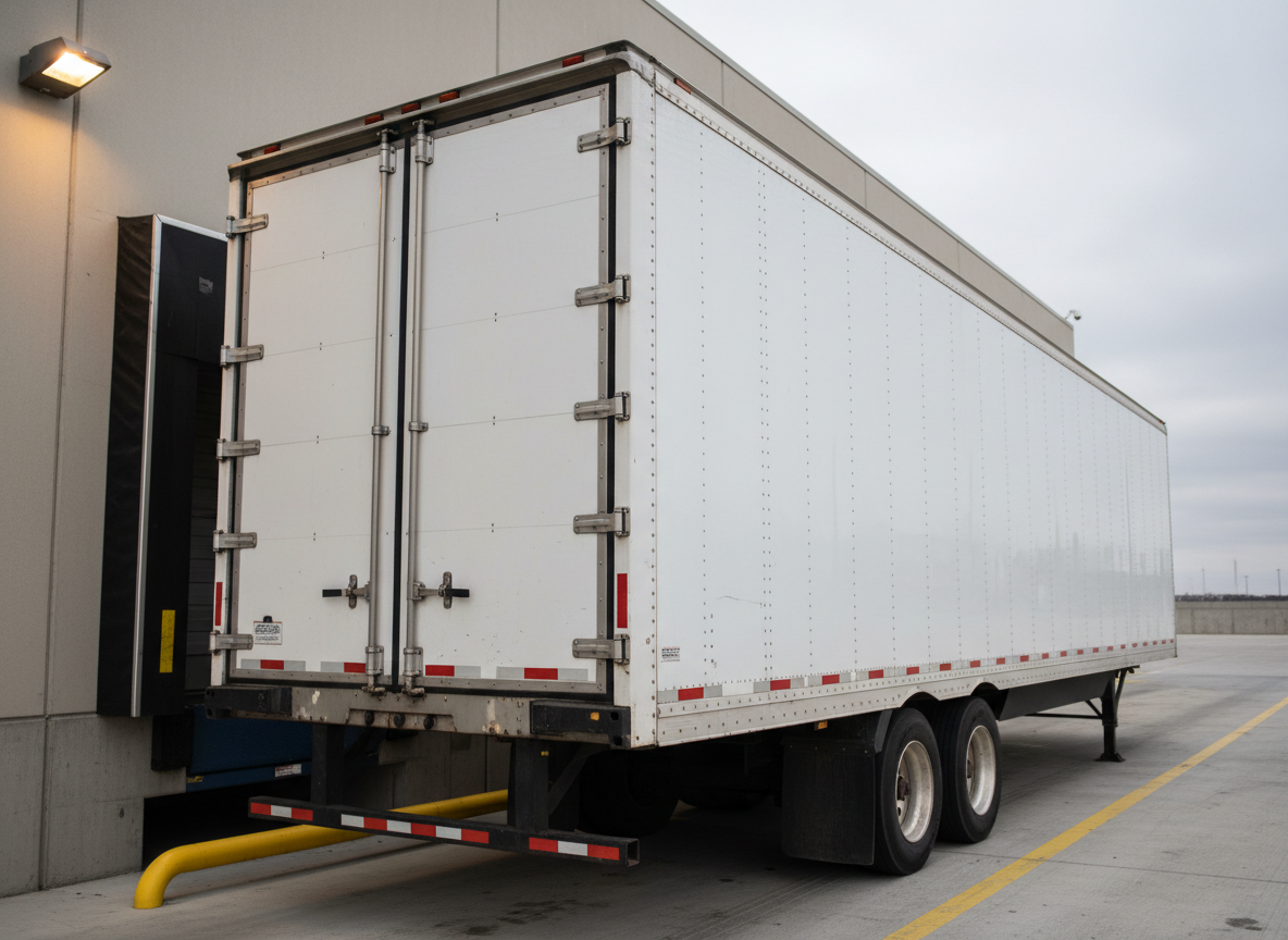 A close-up, three-quarter view of a meticulously maintained dry van trailer backed snugly against a modern loading dock at a regional warehouse. The trailer’s white aluminum panels show faint, realistic rivet lines and subtle road wear, while bright yellow dock bumpers and a clean concrete platform frame the rear doors. Overhead dock lights cast warm illumination on the door hardware and weather seals, contrasting with the cool, overcast daylight seeping in from the open yard. Shot from a slightly low angle, the composition emphasizes the tight alignment of trailer and dock, with crisp focus on hinges, reflective tape, and safety markings. The mood is dependable and precise, rendered in photographic realism with neutral, professional tones that highlight reliability and careful handling of freight.