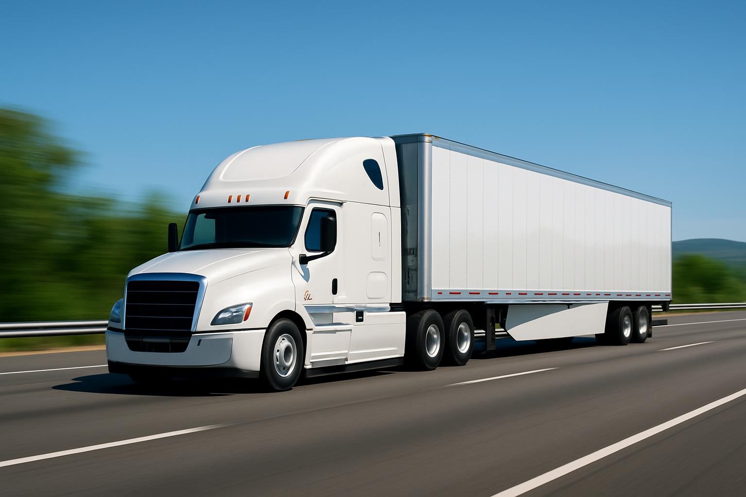 A polished white dry van semi-truck captured in motion on a well-maintained interstate highway, its long trailer gleaming under clear midday light. The truck travels from left to right, the trailer’s reflective surfaces subtly mirroring the deep blue sky and hints of green roadside foliage. The asphalt’s fine texture and painted lane markings lead the viewer’s eye into the distance, where gentle rolling hills suggest a cross-country route. Shot from a slightly low angle with a long lens, the truck remains crisply focused while the background blurs in a controlled motion effect, emphasizing speed, on-time delivery, and smooth operations. The mood is confident and dynamic, rendered in photographic realism with clean, natural colors and a professional, corporate aesthetic.